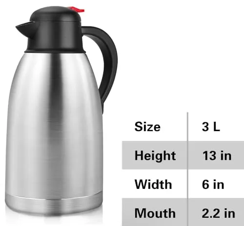 102oz Coffee Carafe Goteble 3L Insulated Thermos Urn Stainless Steel Vacuum Thermal Pot Flask for Hot Beverage/Water, Tea - Keep 12/24 Hours Hot/Cold