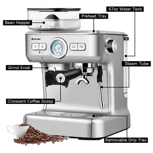 15 Bar Espresso Coffee Maker 2 Cup /w Built-in Steamer Frother and Bean Grinder