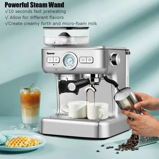 15 Bar Espresso Coffee Maker 2 Cup /w Built-in Steamer Frother and Bean Grinder