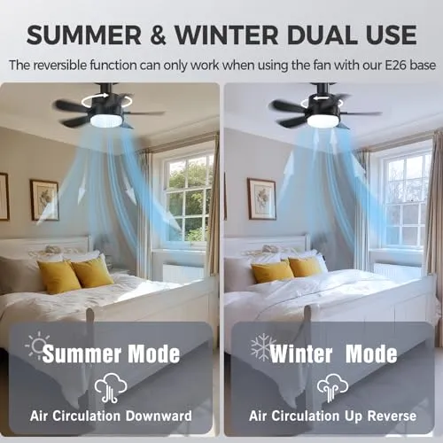 16 Inch Socket Fan Lights with E26/E27 Base: Socket Ceiling Fan with Remote & App Contro Screw into Small Ceiling Fan Light with 6 Speeds 3 Color Dimmable for Bedroom Living Room Kitchen Home Garage