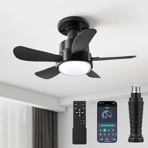 16 Inch Socket Fan Lights with E26/E27 Base: Socket Ceiling Fan with Remote & App Contro Screw into Small Ceiling Fan Light with 6 Speeds 3 Color Dimmable for Bedroom Living Room Kitchen Home Garage