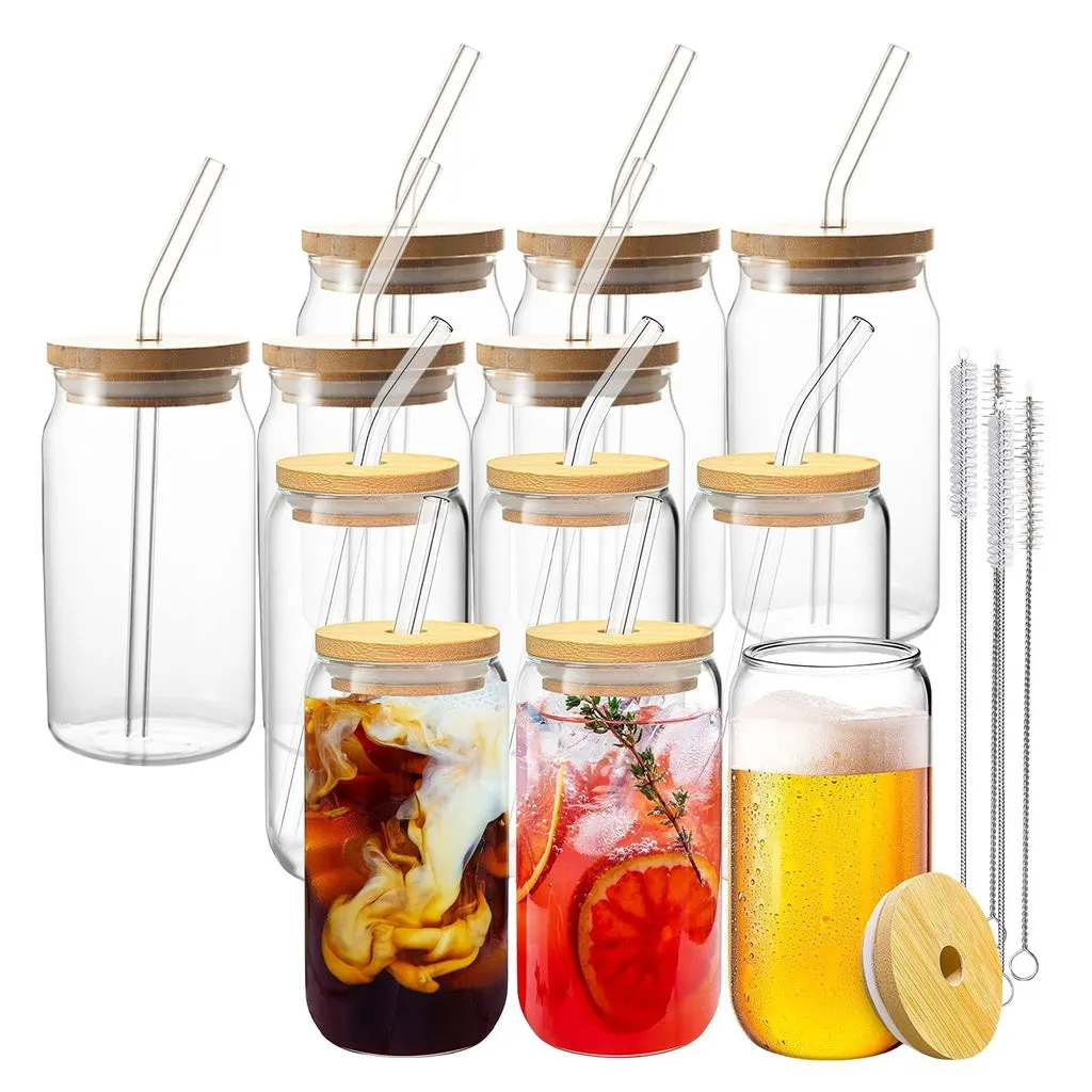 16oz Glass Jar Set with Bamboo Lids, Straws - 12pcs Gominimo