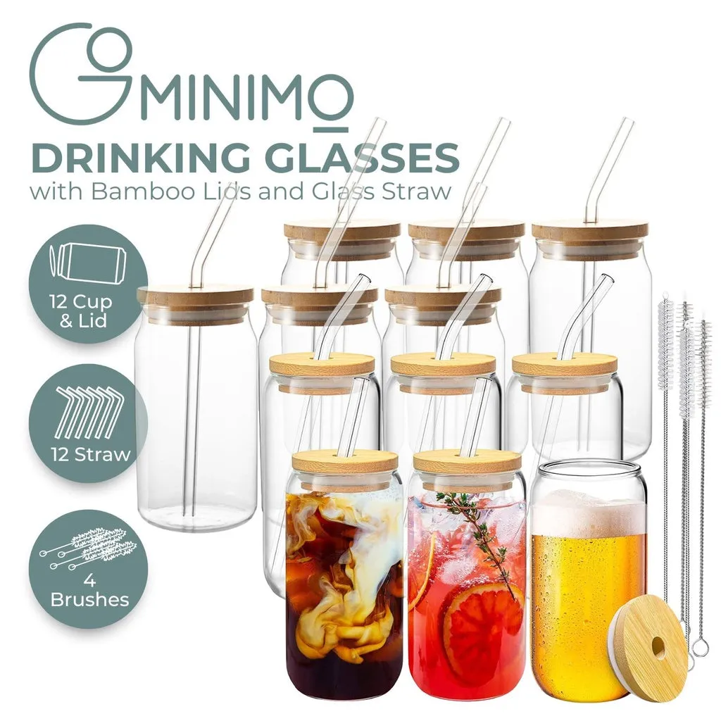 16oz Glass Jar Set with Bamboo Lids, Straws - 12pcs Gominimo