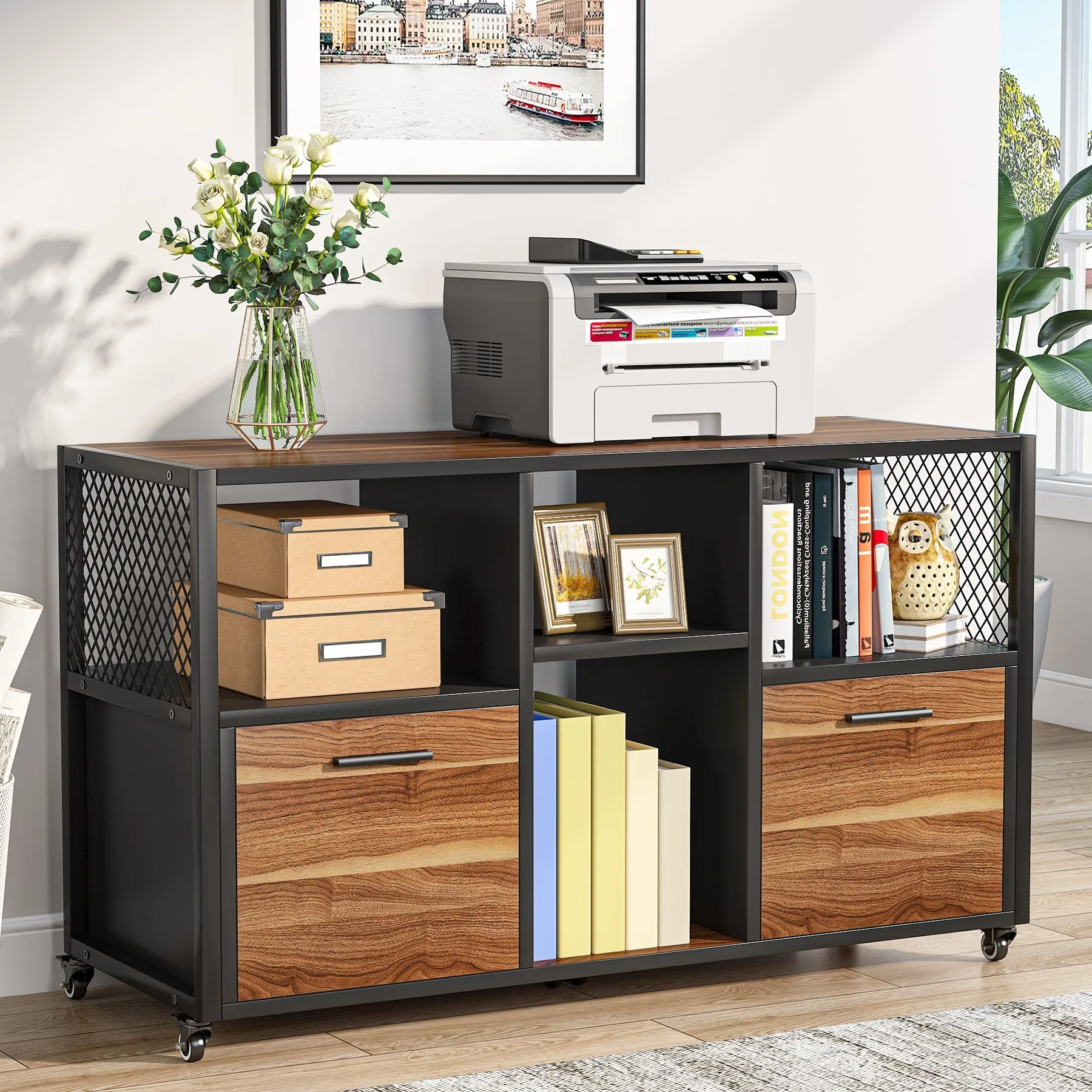 2 Drawer File Cabinet, Wood Mobile Lateral Filing Cabinet