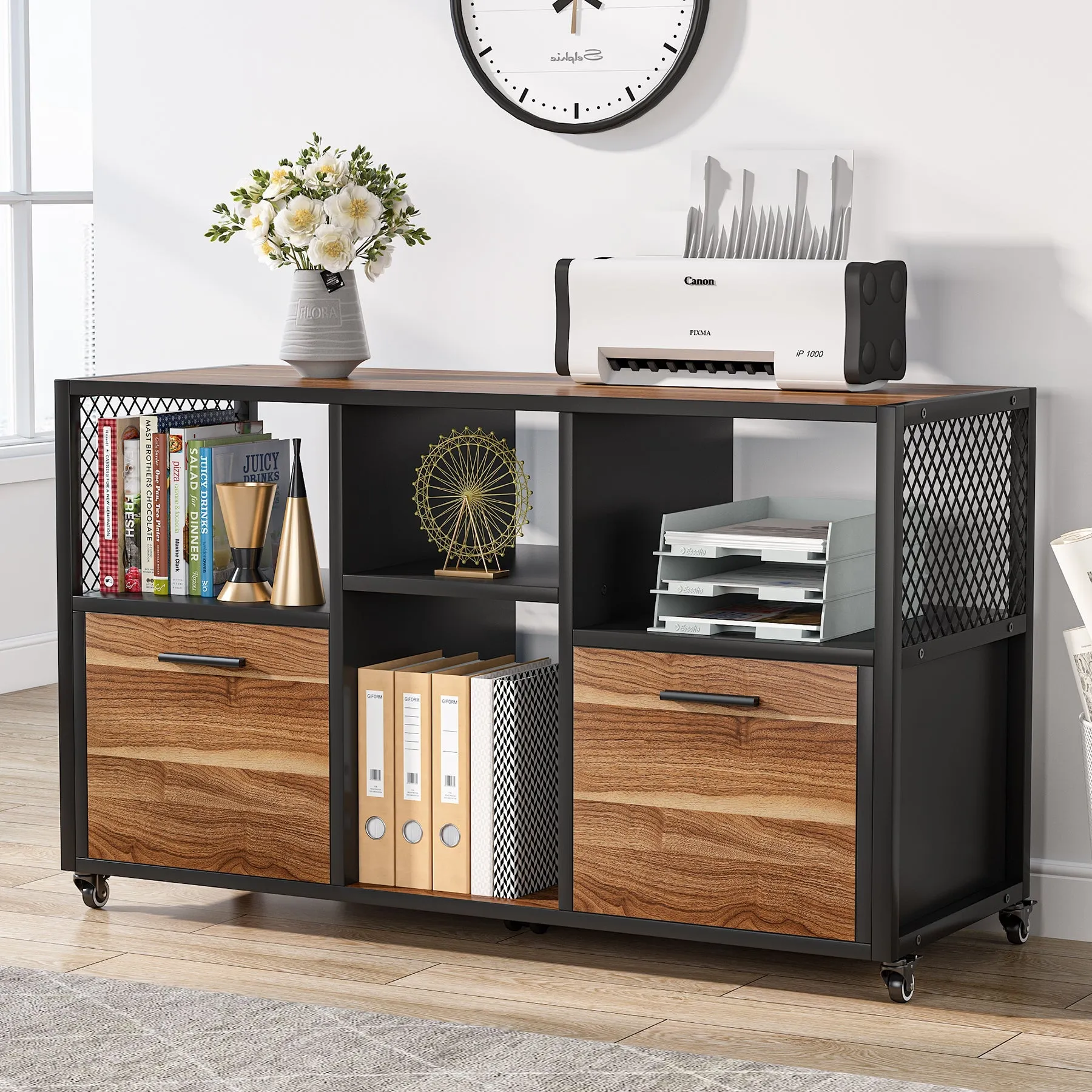 2 Drawer File Cabinet, Wood Mobile Lateral Filing Cabinet