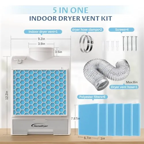 3-in-1 Indoor Dryer Vent Kit, Dryer Vent Box With Stainless Steel Screen Filter, Enhanced Air Quality Water Drawer System,Plus 6 Extra Polyester Filters for Electric Clothes Dryers-2024 New Upgrade