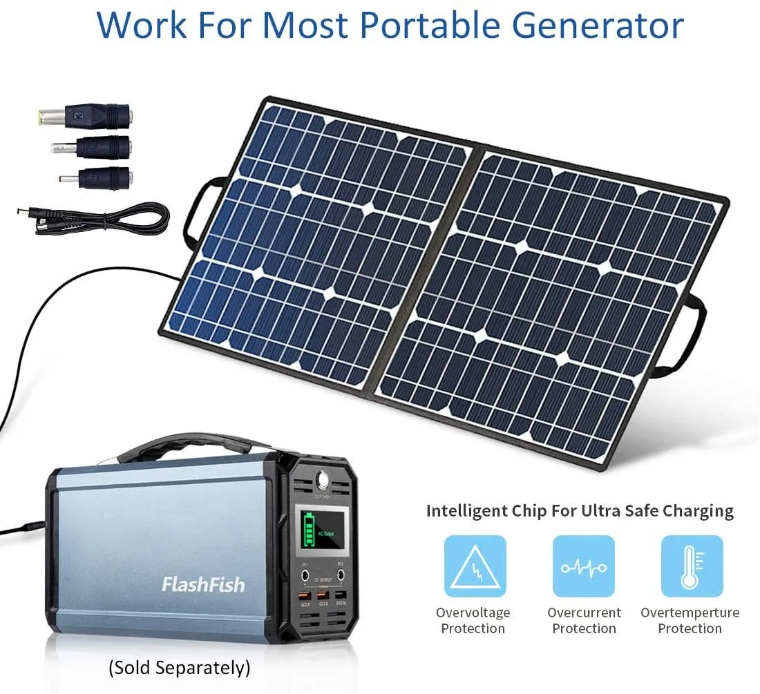 300W Solar Generator, FlashFish 60000mAh Portable Power Station Camping Potable Generator with 50W 18V Portable Solar Panel, Flashfish Foldable Solar Charger with 5V USB 18V DC Output