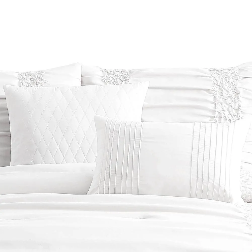 4 Piece Twin Comforter Set with Ruching Details, White By Casagear Home