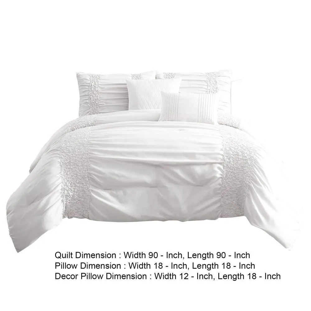 4 Piece Twin Comforter Set with Ruching Details, White By Casagear Home