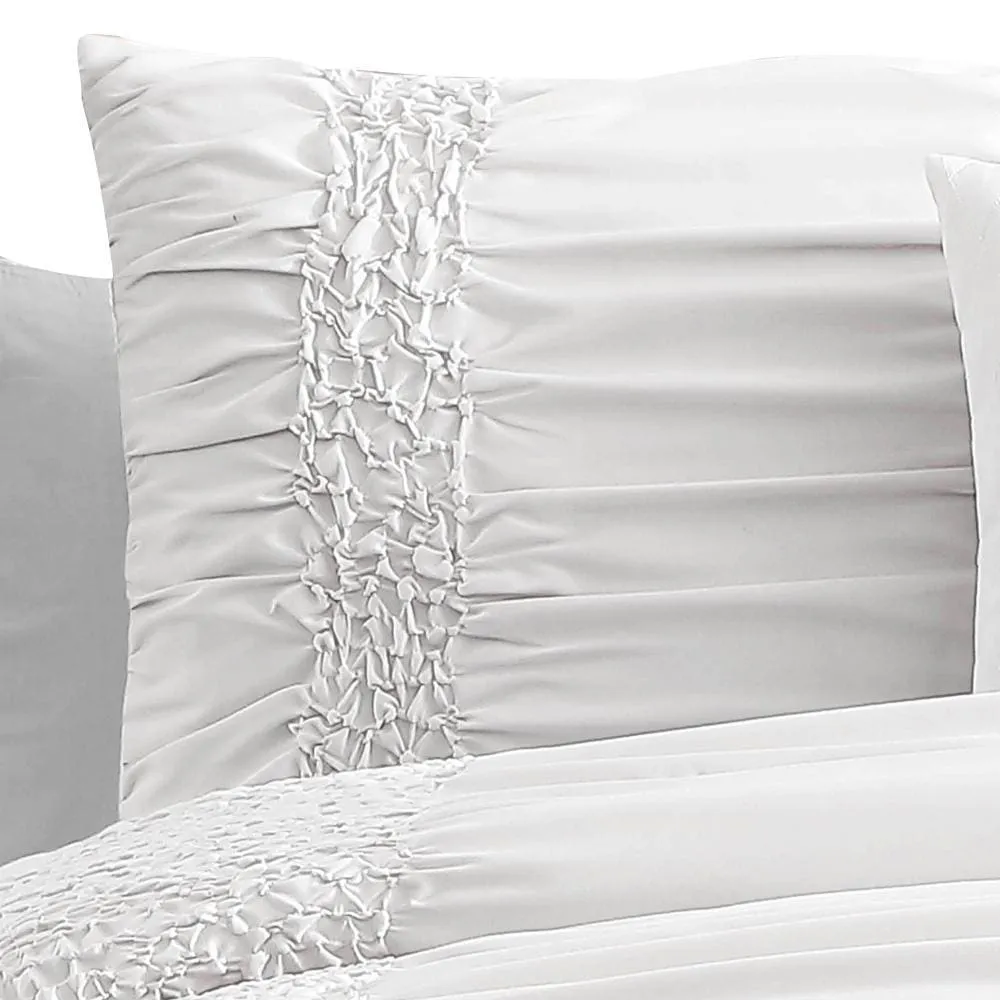 4 Piece Twin Comforter Set with Ruching Details, White By Casagear Home