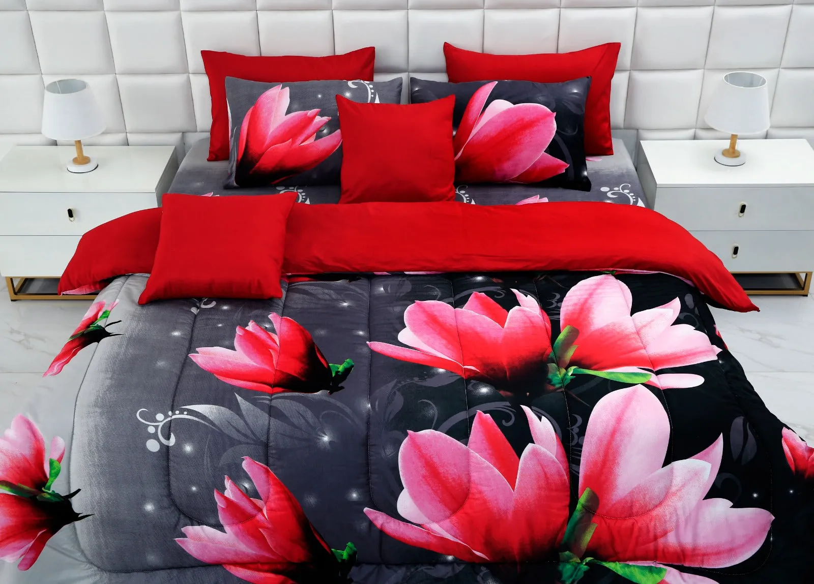 5 PCs Single Comforter Set-15185Pink Lotus