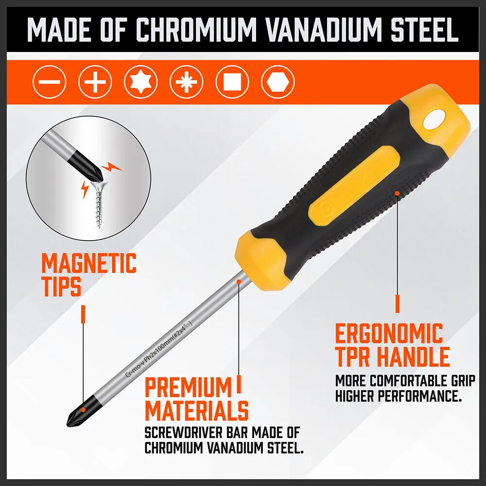 57-Pc Magnetic Screwdriver Set, Ergonomic Soft Grip, 6150 Steel