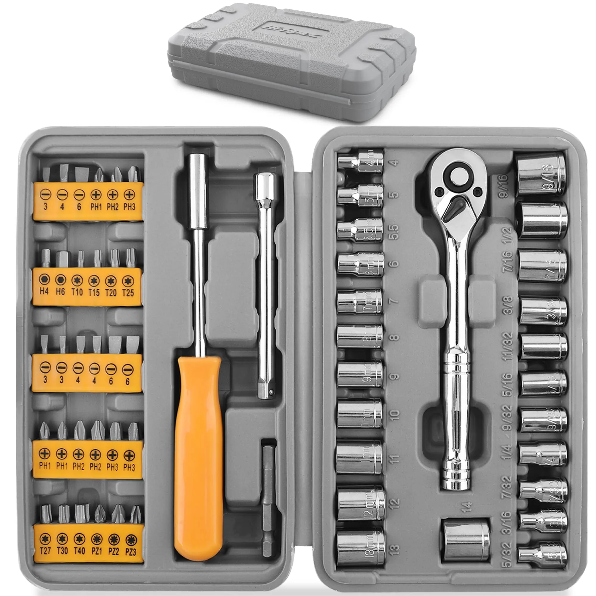 57pc Compact Home & Garage Tool Kit Set with Screwdriver Bits, Metric & SAE Sockets in a Portable Case