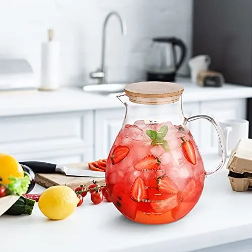 95 Ounce Large Glass Pitcher with Lid and Handle - Heat Resistant Borosilicate Beverage Carafe for Juice and Iced Tea