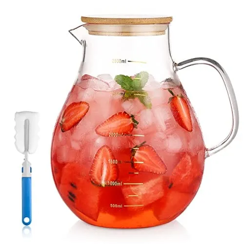 95 Ounce Large Glass Pitcher with Lid and Handle - Heat Resistant Borosilicate Beverage Carafe for Juice and Iced Tea