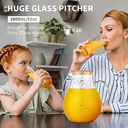 95 Ounce Large Glass Pitcher with Lid and Handle - Heat Resistant Borosilicate Beverage Carafe for Juice and Iced Tea