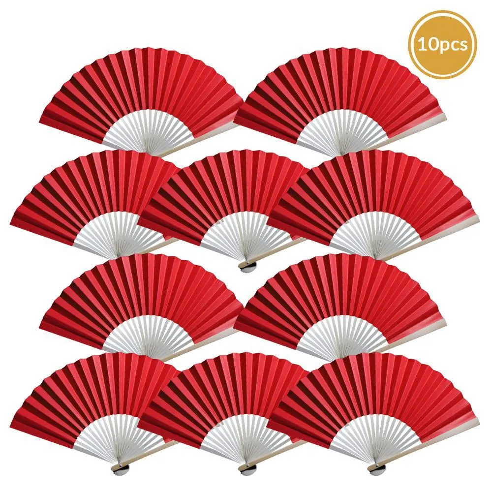 9" Red Paper Hand Fans for Weddings, Premium Paper Stock (10 Pack)