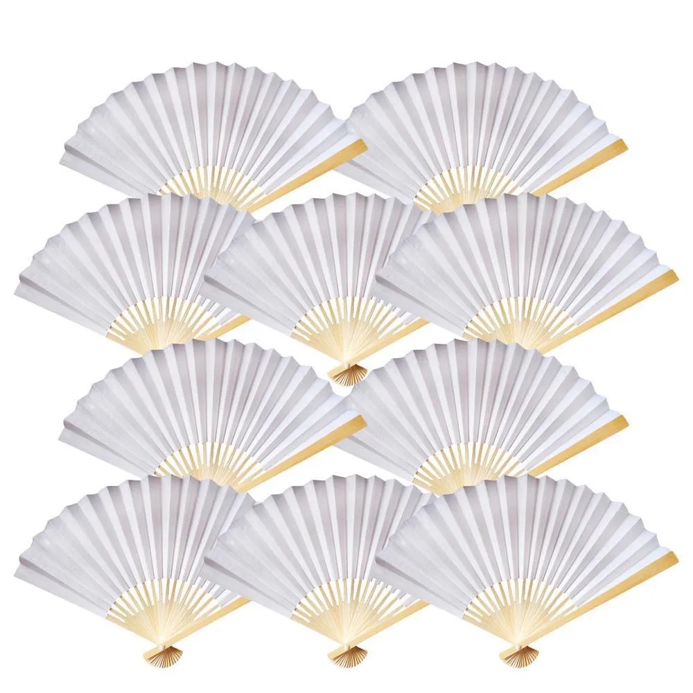 9" White Paper Hand Fans for Weddings, Premium Paper Stock (10 Pack)