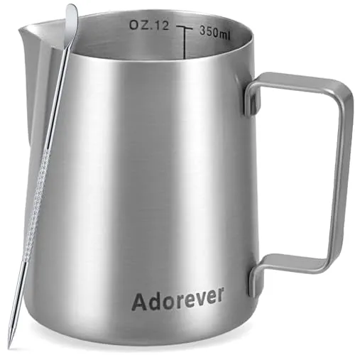 Adorever Milk Frothing Pitcher, 12oz Stainless Steel Milk Frother Cup Steaming Pitcher, Cappuccino Espresso Accessories Coffee Bar Barista Tools, Steamer Cup Milk Jug with Latte Art Pen, Matte Steel