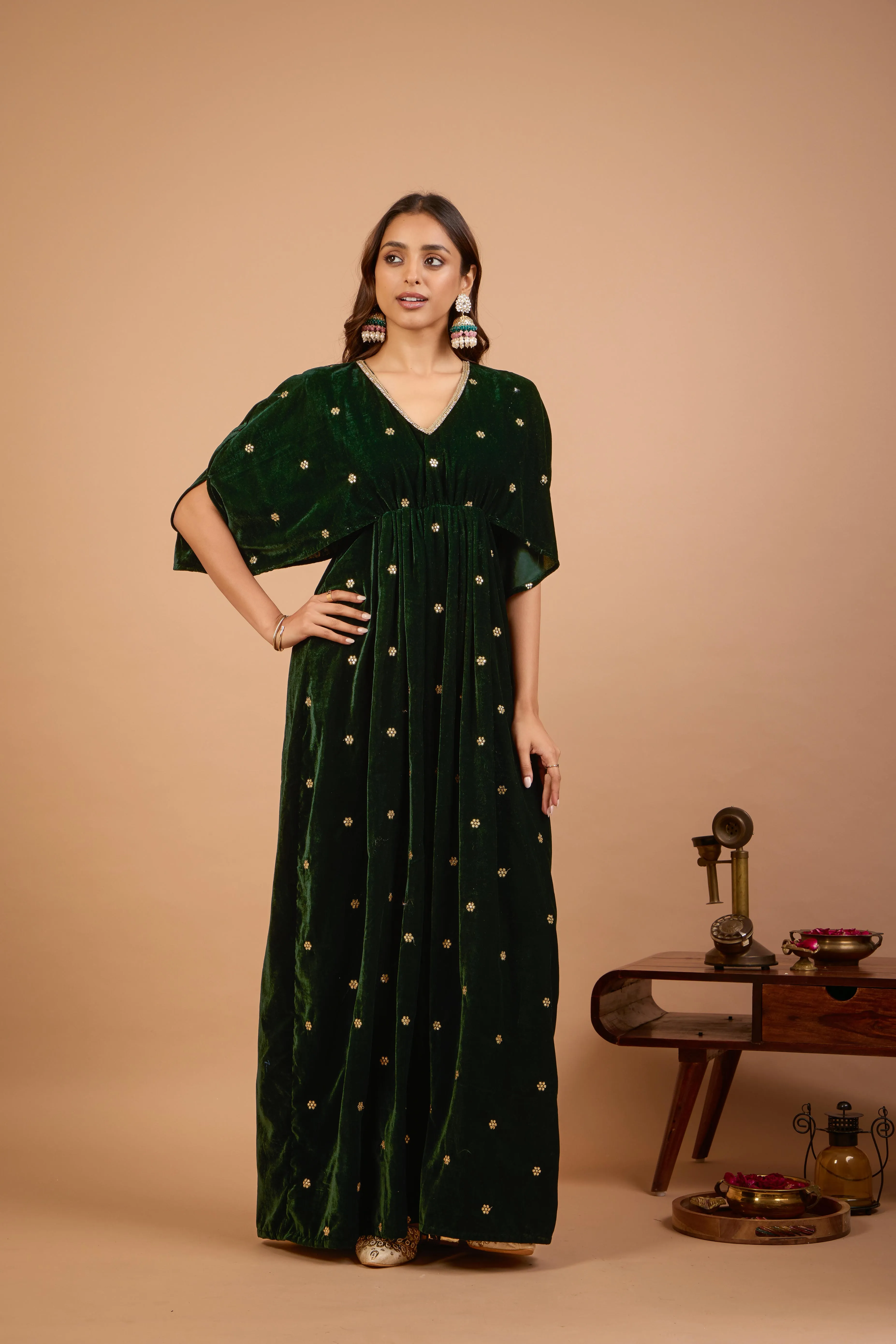 Alaya Jugni Emerald Green Velvet Vines Kaftan