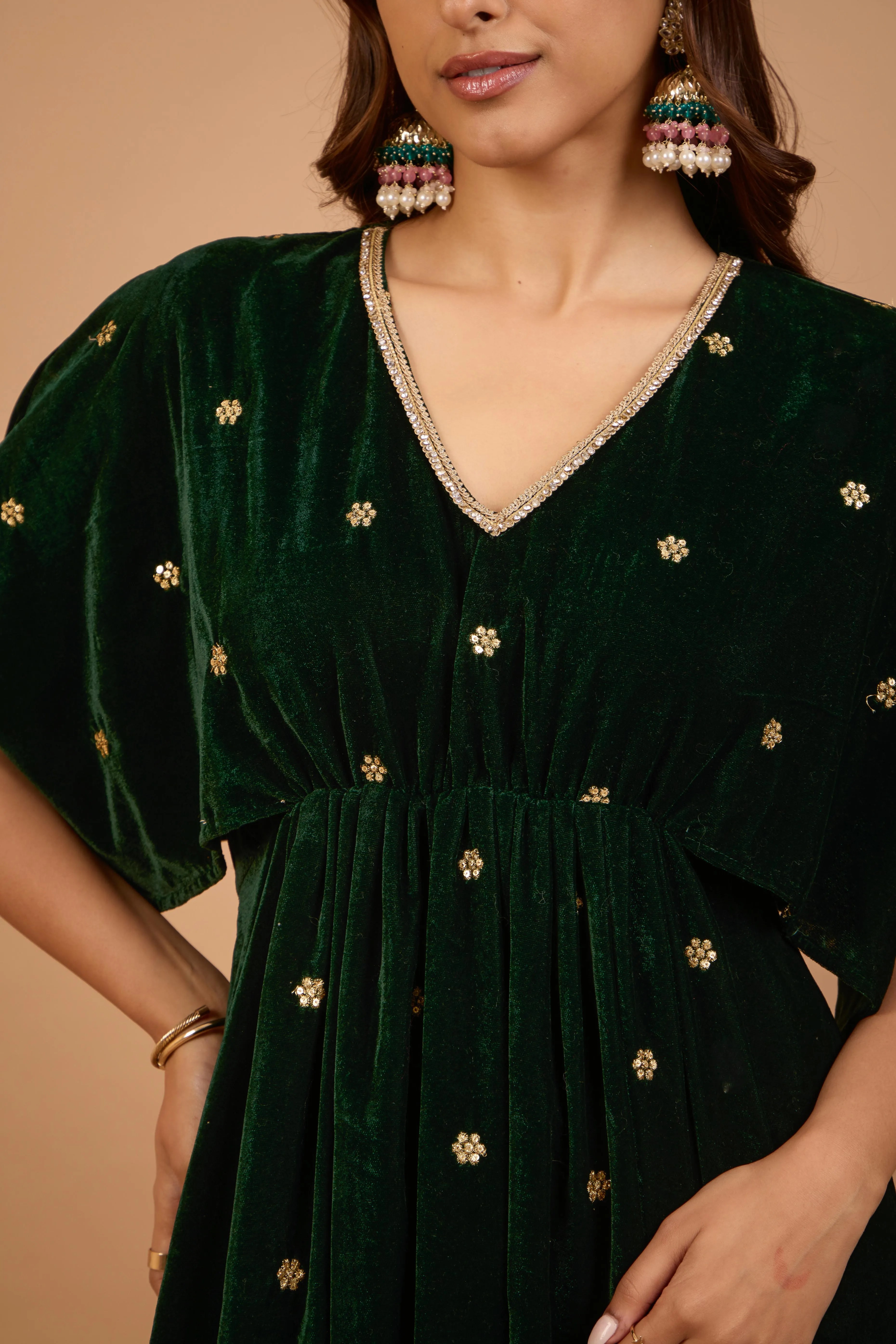 Alaya Jugni Emerald Green Velvet Vines Kaftan