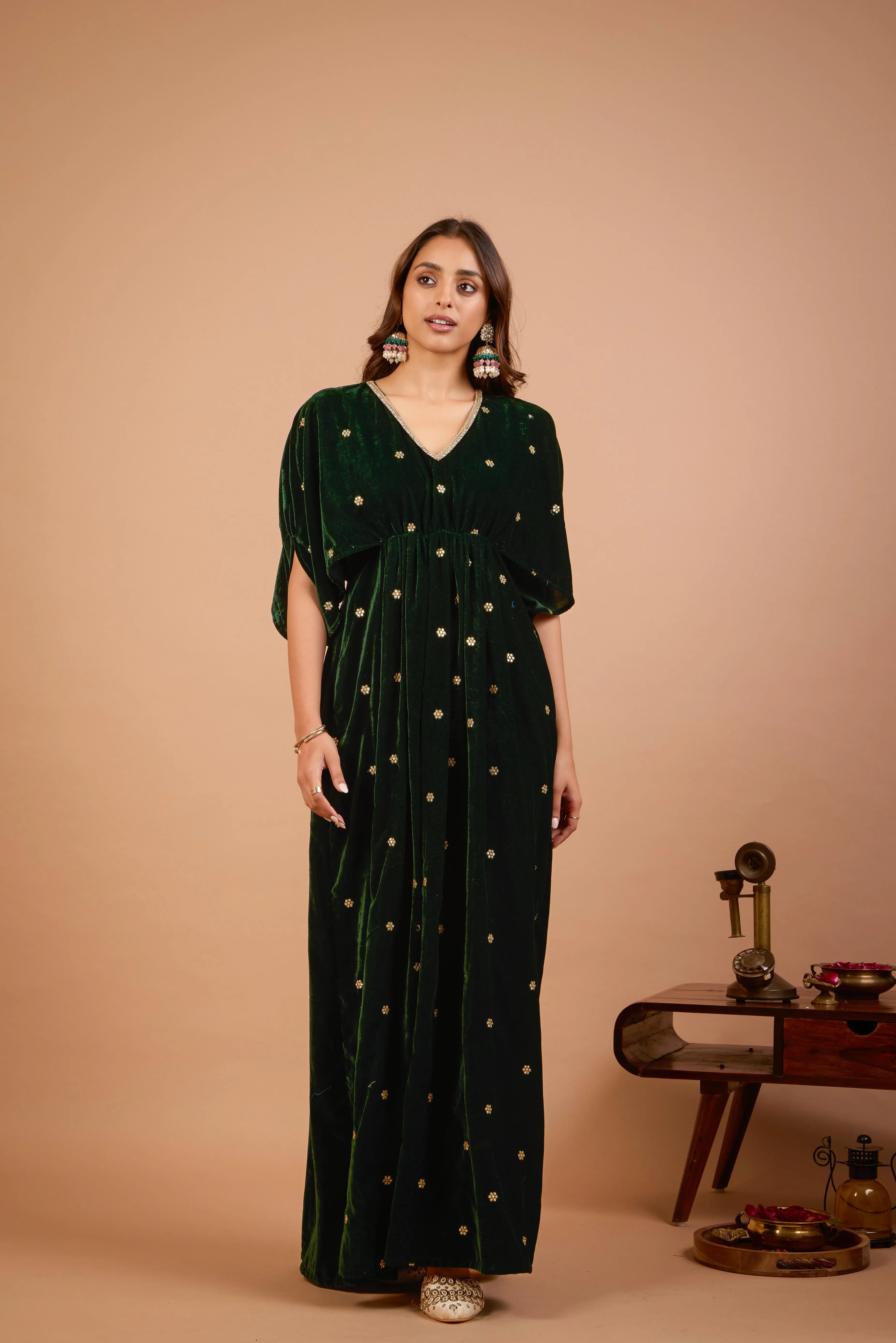 Alaya Jugni Emerald Green Velvet Vines Kaftan