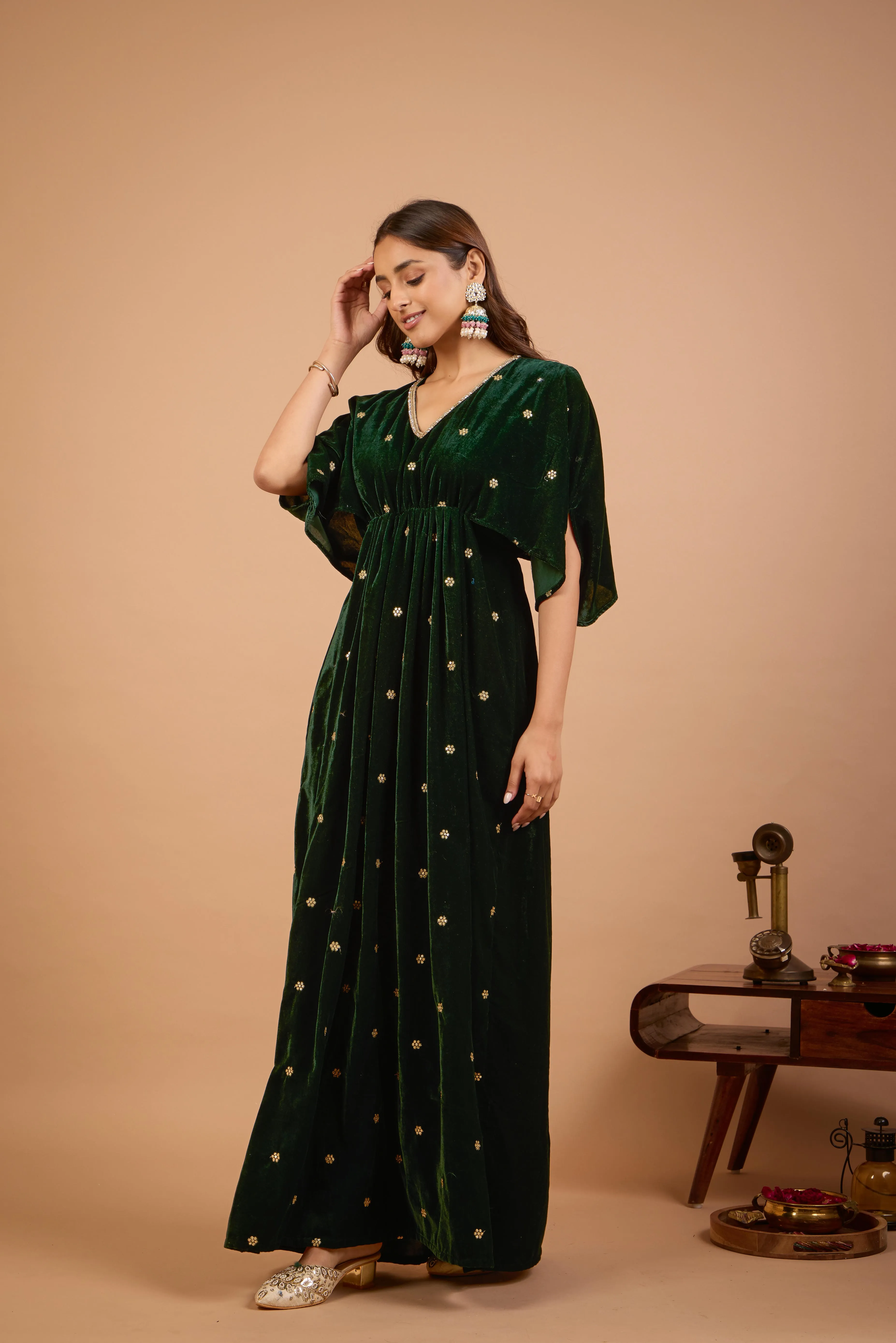 Alaya Jugni Emerald Green Velvet Vines Kaftan