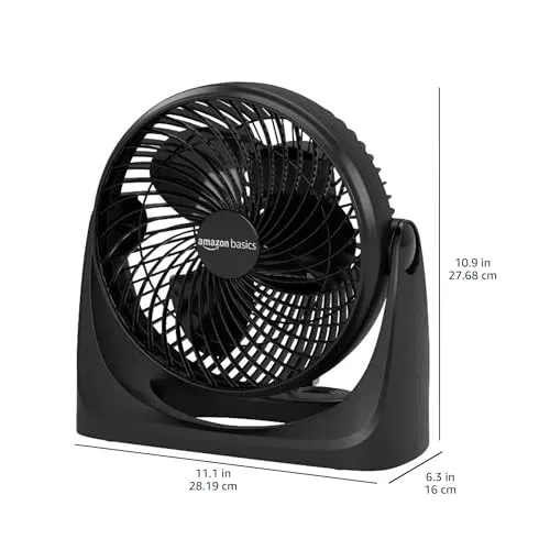 Amazon Basics 11-Inch Air Circulator Fan, Desk Fan for Bedroom, Home and Office, With 90-Degree Tilt Head, 3 Speed Settings, Lightweight (3 LBS), 35 Watts, Black, 11.1"Wx6.3"Dx10.9"H