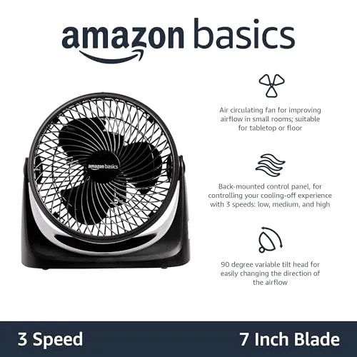 Amazon Basics 11-Inch Air Circulator Fan, Desk Fan for Bedroom, Home and Office, With 90-Degree Tilt Head, 3 Speed Settings, Lightweight (3 LBS), 35 Watts, Black, 11.1"Wx6.3"Dx10.9"H