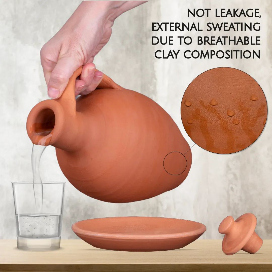 Anadolu Natural Clay Water Pitcher with Lid and Plate, 3 Pcs