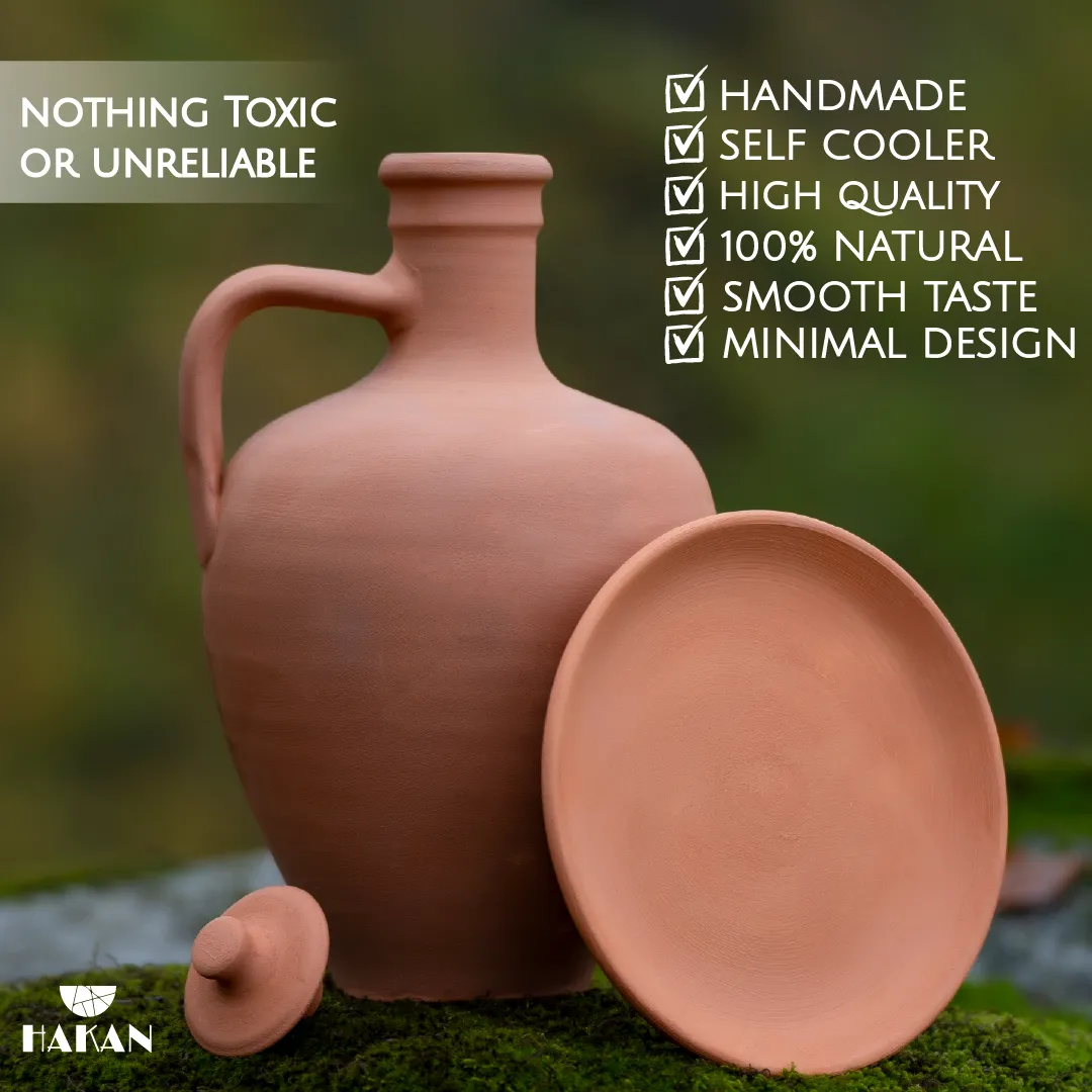 Anadolu Natural Clay Water Pitcher with Lid and Plate, 3 Pcs