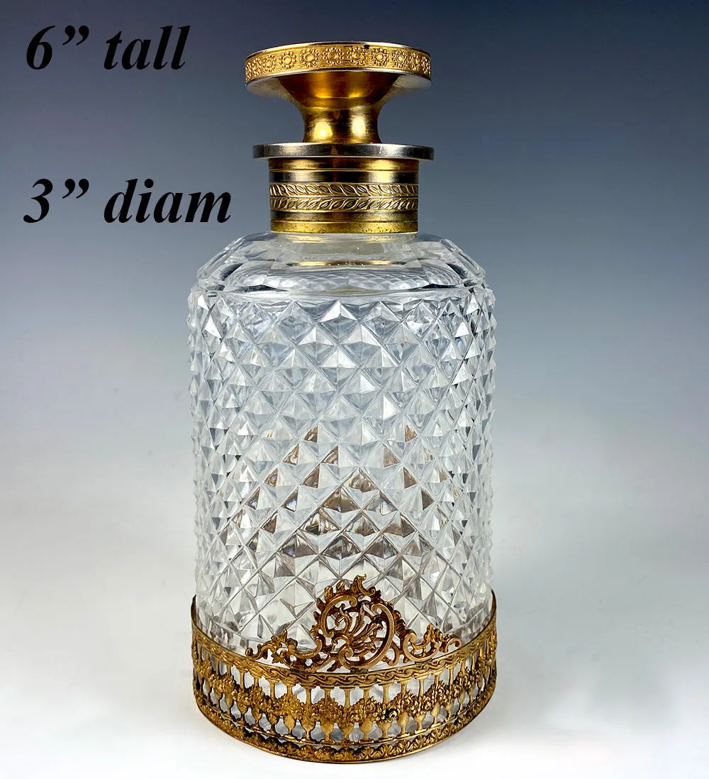 Antique French Baccarat 6" x 3" Cut Crystal Decanter, Scent Bottle, Dore Bronze Caddy