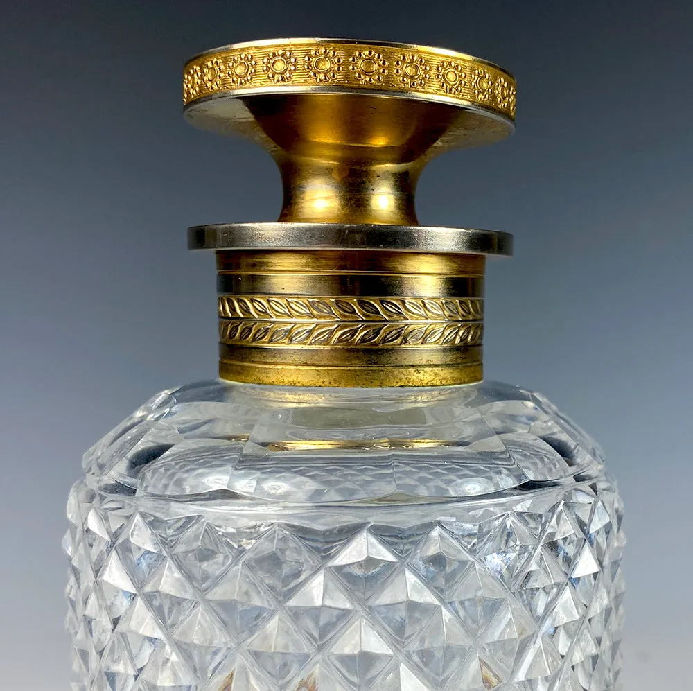 Antique French Baccarat 6" x 3" Cut Crystal Decanter, Scent Bottle, Dore Bronze Caddy