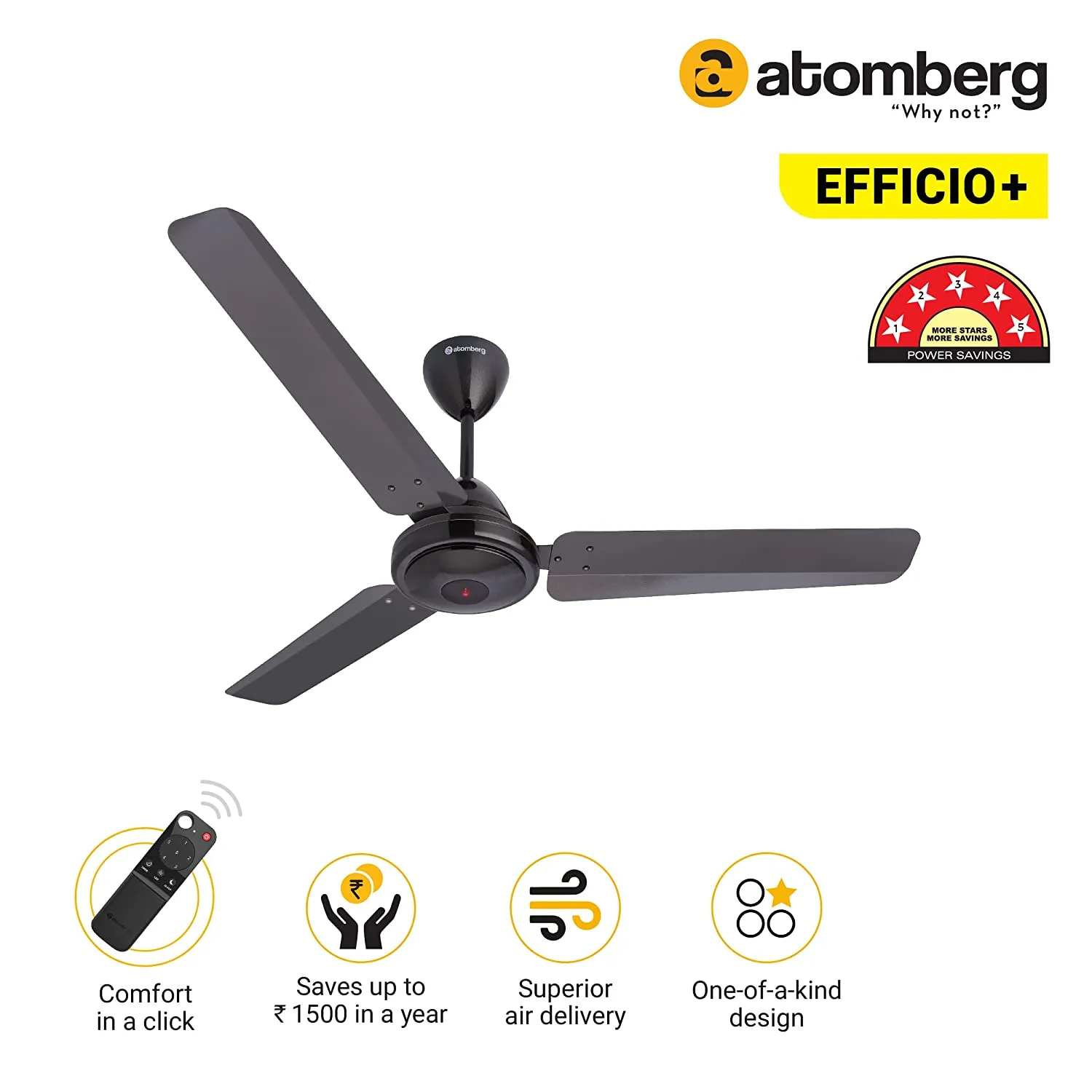 Atomberg Efficio Efficio   ceiling Fan 1200 MM 1200 mm BLDC Motor with Remote 3 Blade Ceiling   Earth Brown