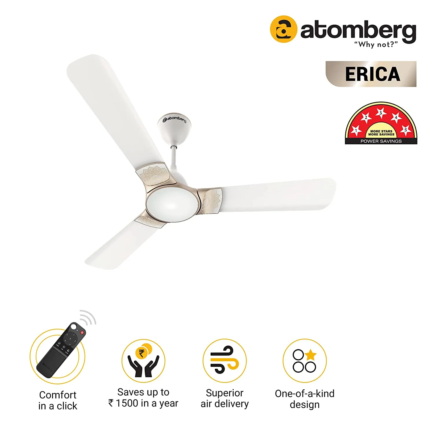 Atomberg Erica 5 Star BEE Rated 1200 mm BLDC Motor with Remote 3 Blade Ceiling Fan Snow White