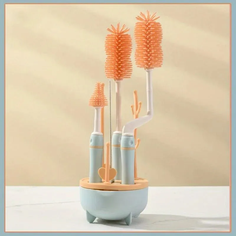 Baby Bottle Cleaner Set with Drying Rack - 6-in-1 2 Silicone Baby Bottle Brushes, Straw Brush, Nipple Brush & Storage Box