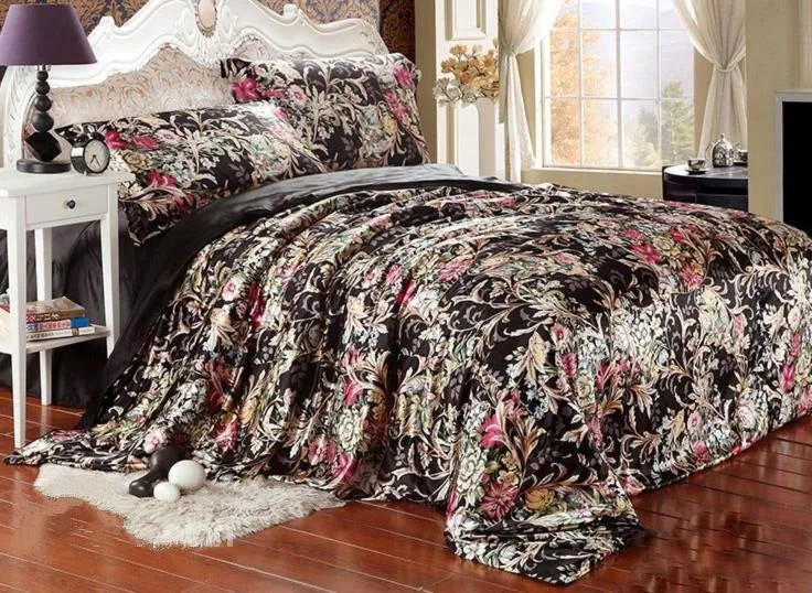 Beautiful Flower Blooming Print Black Luxury 4-Piece Bedding Sets/Duvet Cover