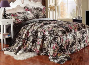 Beautiful Flower Blooming Print Black Luxury 4-Piece Bedding Sets/Duvet Cover