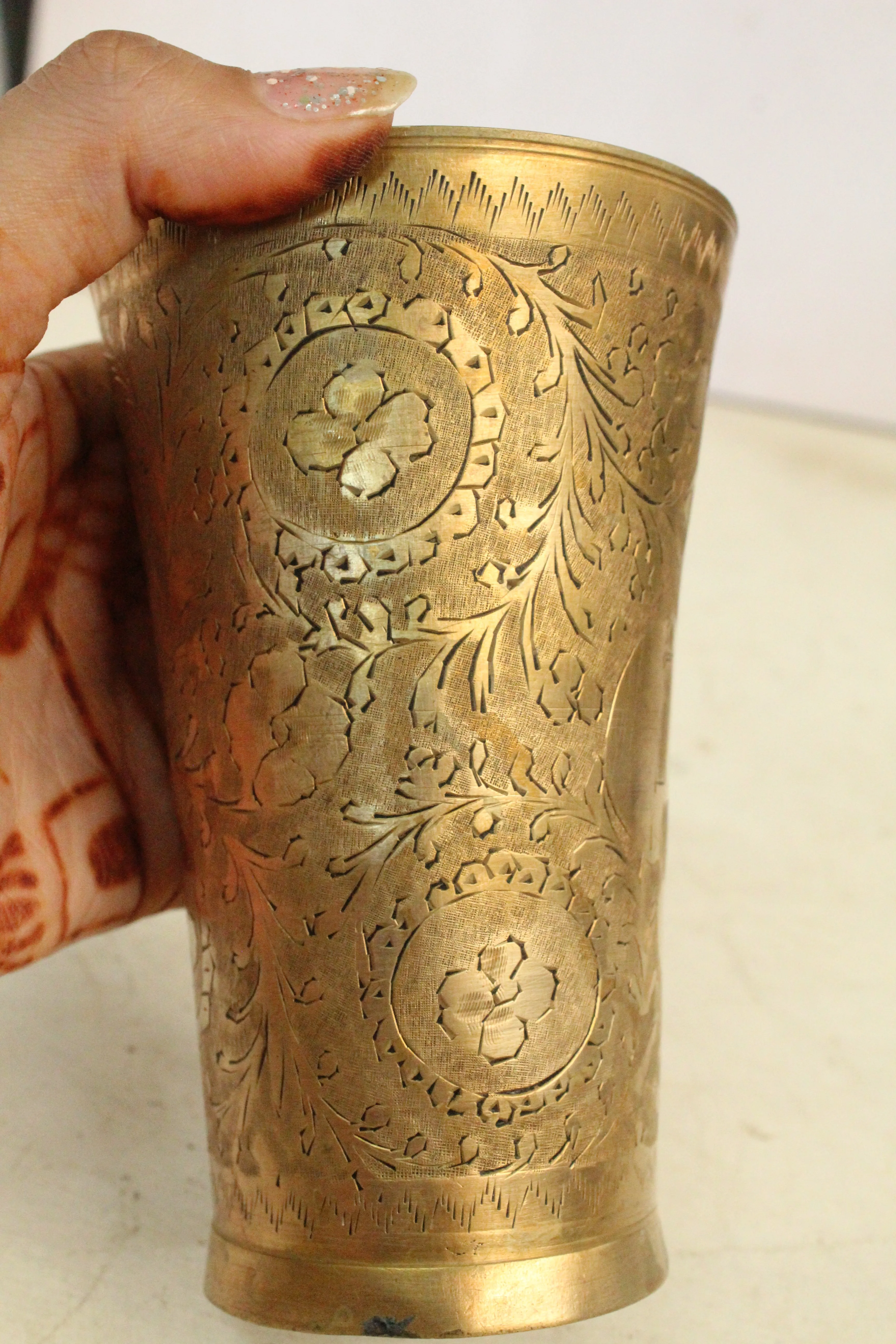 Beautiful Vintage Brass Glass Engraved with Taj mahal