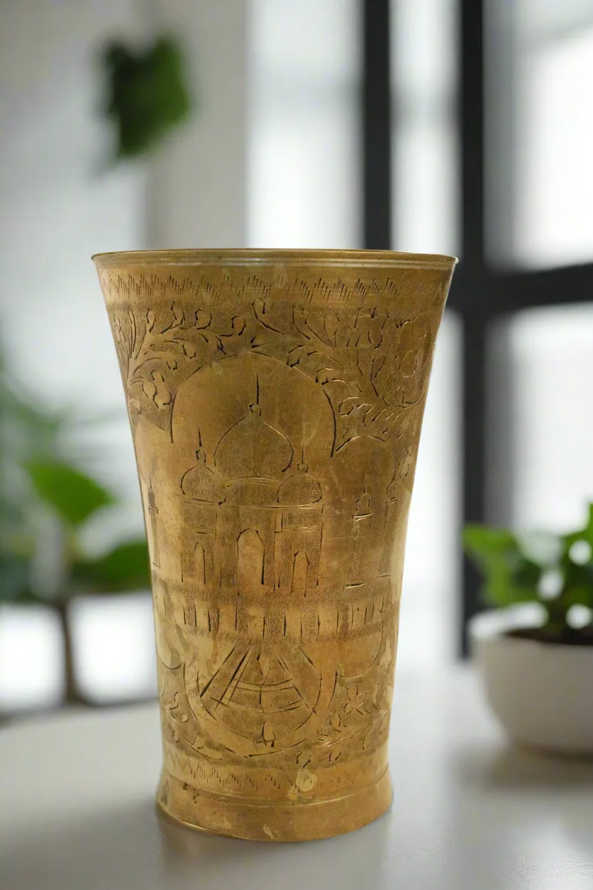 Beautiful Vintage Brass Glass Engraved with Taj mahal