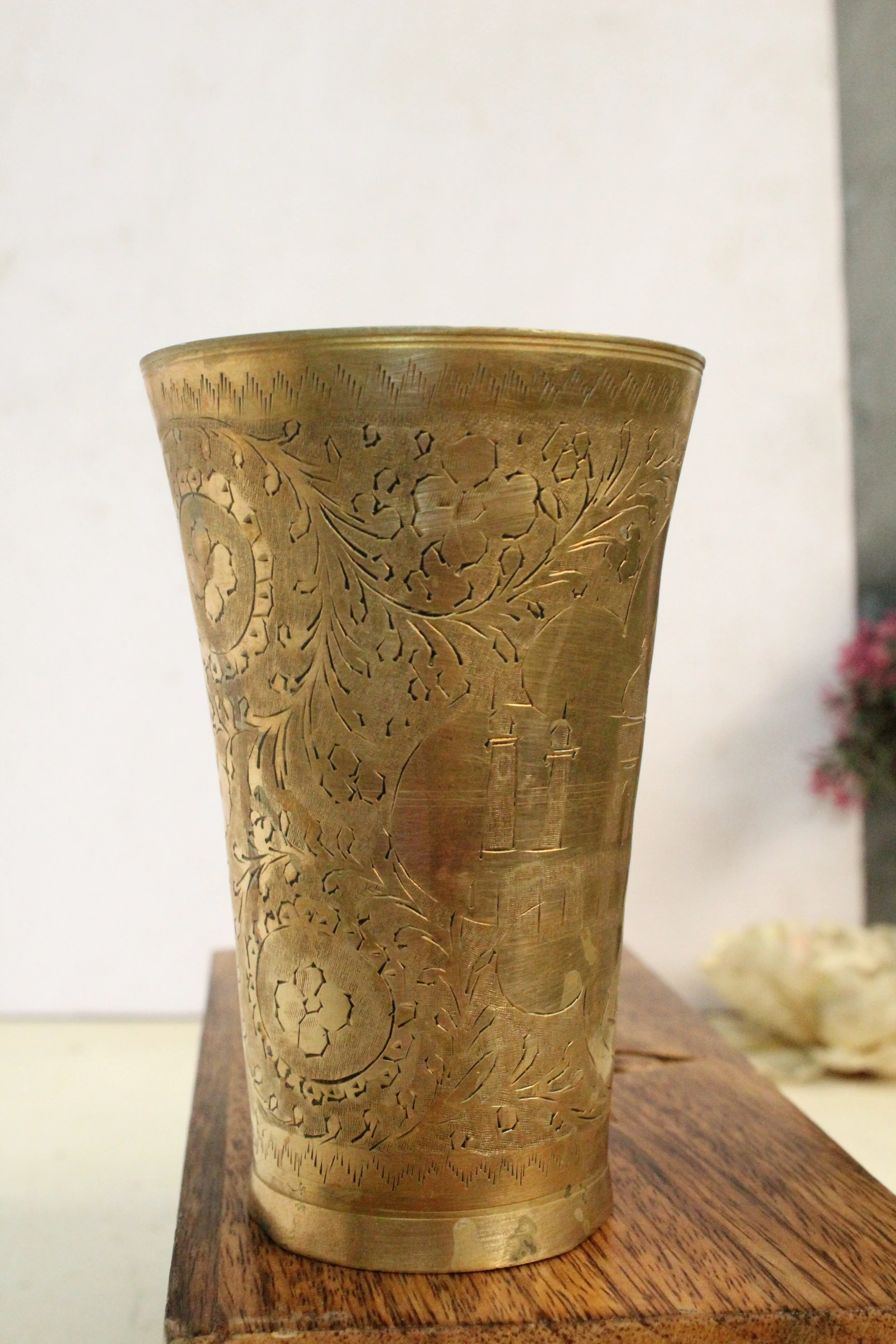 Beautiful Vintage Brass Glass Engraved with Taj mahal