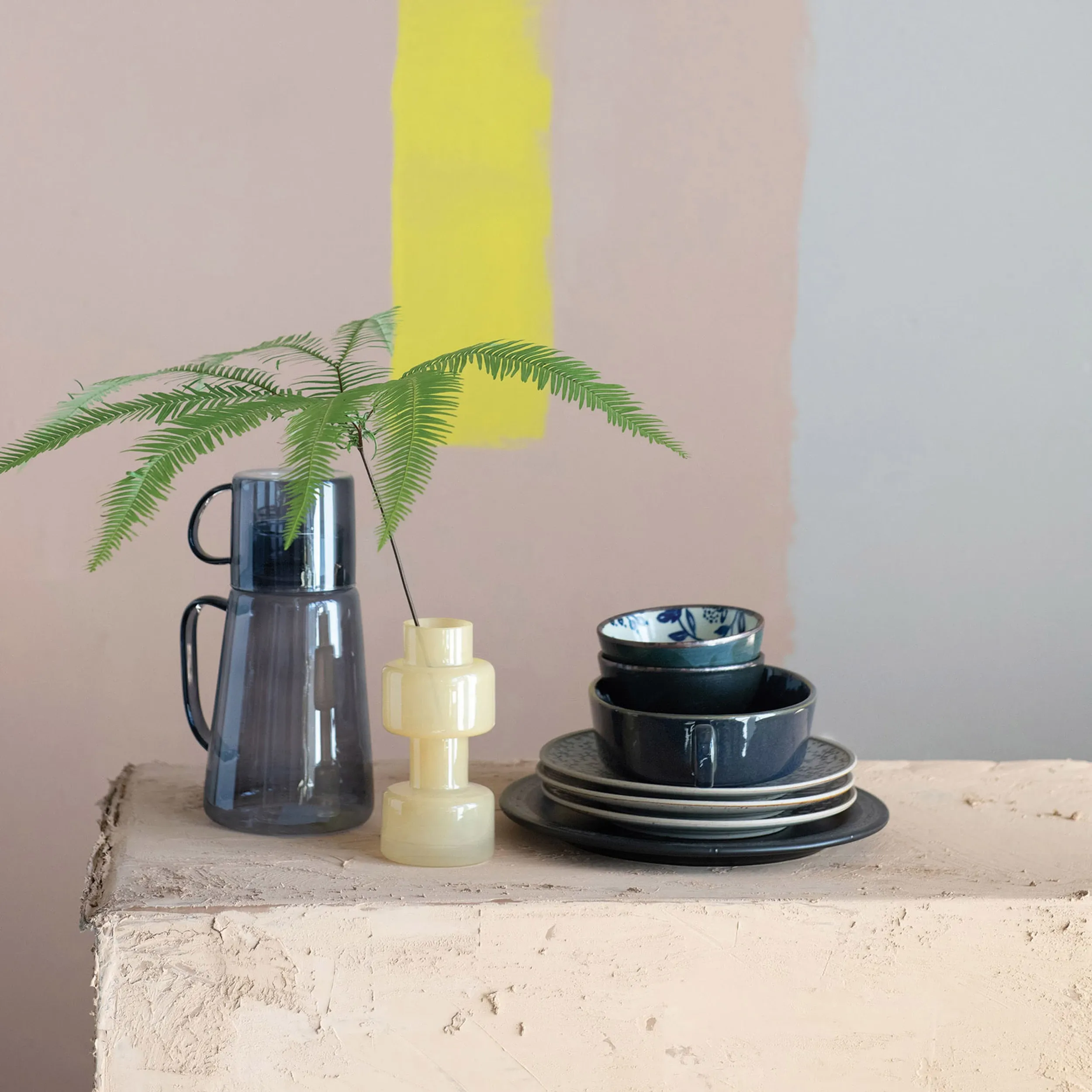 BLUE GLASS CARAFE WITH MUG