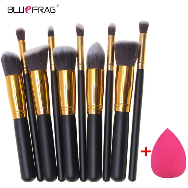 BLUEFRAG Mini 10pcs Makeup Brushes Foundation Blending Blush Make up Brush    1 Water Sponge Cosmetics Puff, Beauty tool Kit Set