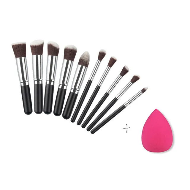 BLUEFRAG Mini 10pcs Makeup Brushes Foundation Blending Blush Make up Brush    1 Water Sponge Cosmetics Puff, Beauty tool Kit Set