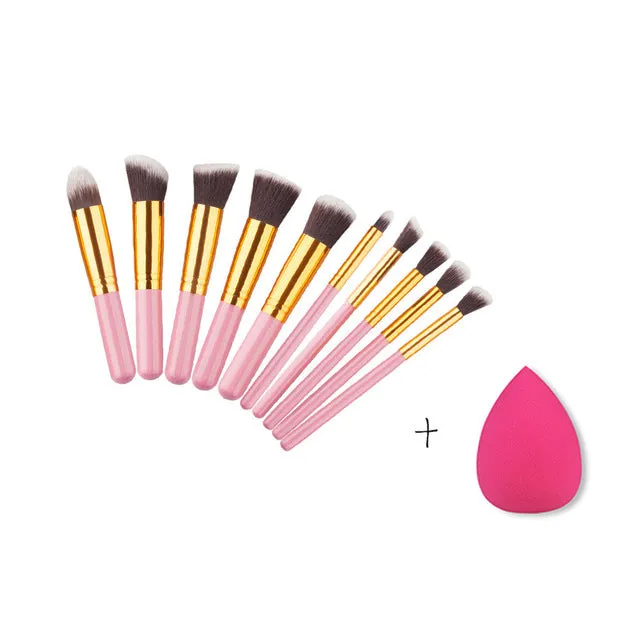 BLUEFRAG Mini 10pcs Makeup Brushes Foundation Blending Blush Make up Brush    1 Water Sponge Cosmetics Puff, Beauty tool Kit Set