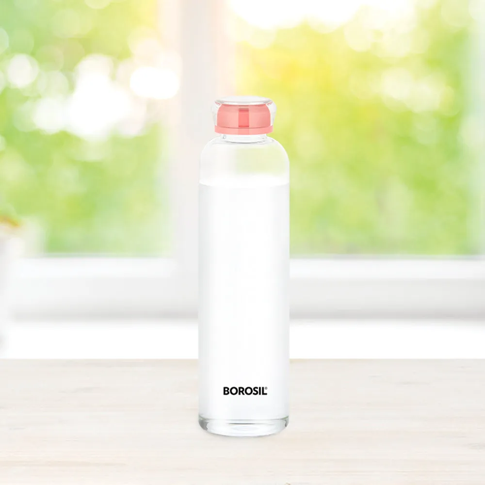 Borosil Crysto Slim Glass Bottle - Pink Lid