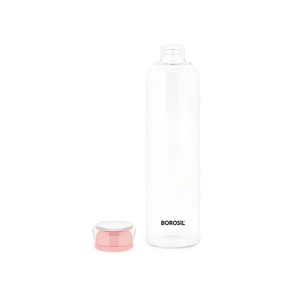 Borosil Crysto Slim Glass Bottle - Pink Lid