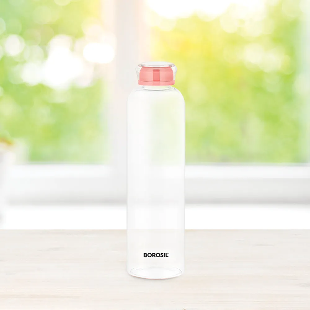 Borosil Crysto Slim Glass Bottle - Pink Lid