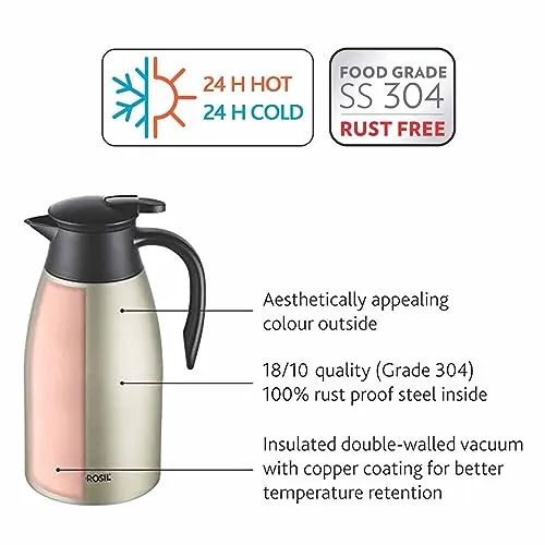 Borosil Oyster Stainless Steel 2 L Teapot with Handle | Double Wall Vacuum Insulated Thermosteel Carafe | BPA Free Jug for Tea/Coffee & Juice | 24 Hours Hot & Cold | 1 Year Warranty, Silver