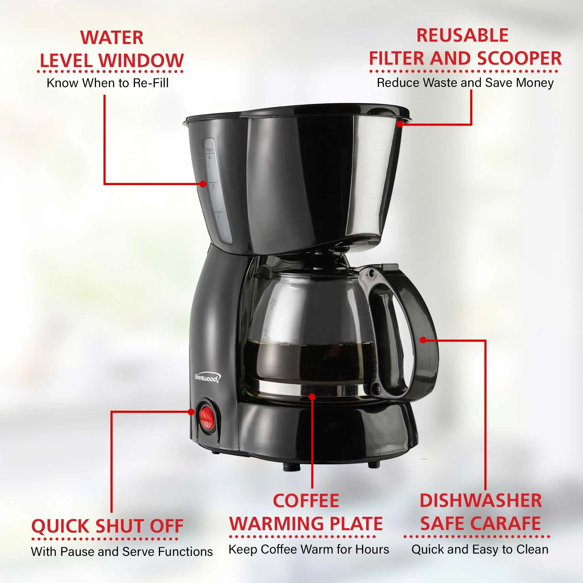 Brentwood TS-213BK 4 Cup Coffee Maker, Black